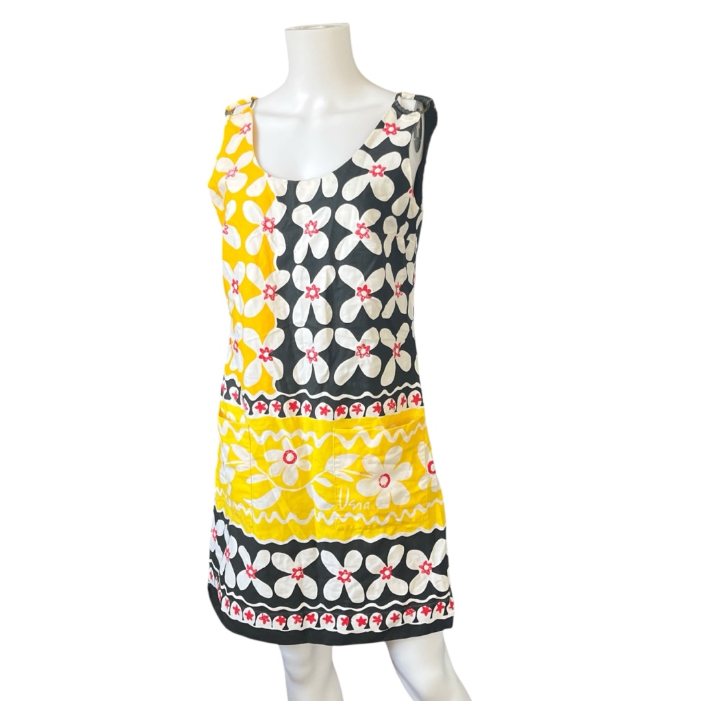 Vintage 60s Vera Neumann Sleeveless Mini Dress Yellow Black Floral Mod Size 12